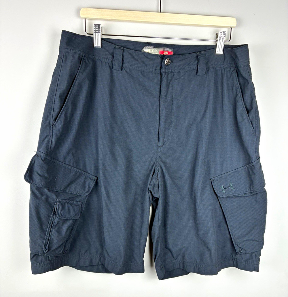 Under Armour Mens Size 36 Cargo Shorts Black Gray Ripstop Outdoor Hiking Utility